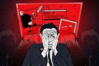 A drawing of a man in black and white covering his face with his hands. Behind him is a glowing red computer screen with windows. On the top left, the window shows Elon Musk with a chainsaw. The center window tells the man his employment has been terminated. The window on the bottom right shows a fork. The last window on the bottom left reads, "Employee of the Year 2024."