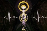 A digital illustration of the silhouette of an elderly woman bravely facing a glowing, moon-like sphere in a galactic abyss.