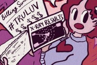 A hand drawn cartoon of a person sitting amongst heart-shaped pillows. They've opened a letter from a hospital, which includes an upcoded bill for "#truluv" and an X-ray showing a heart that isn't full.