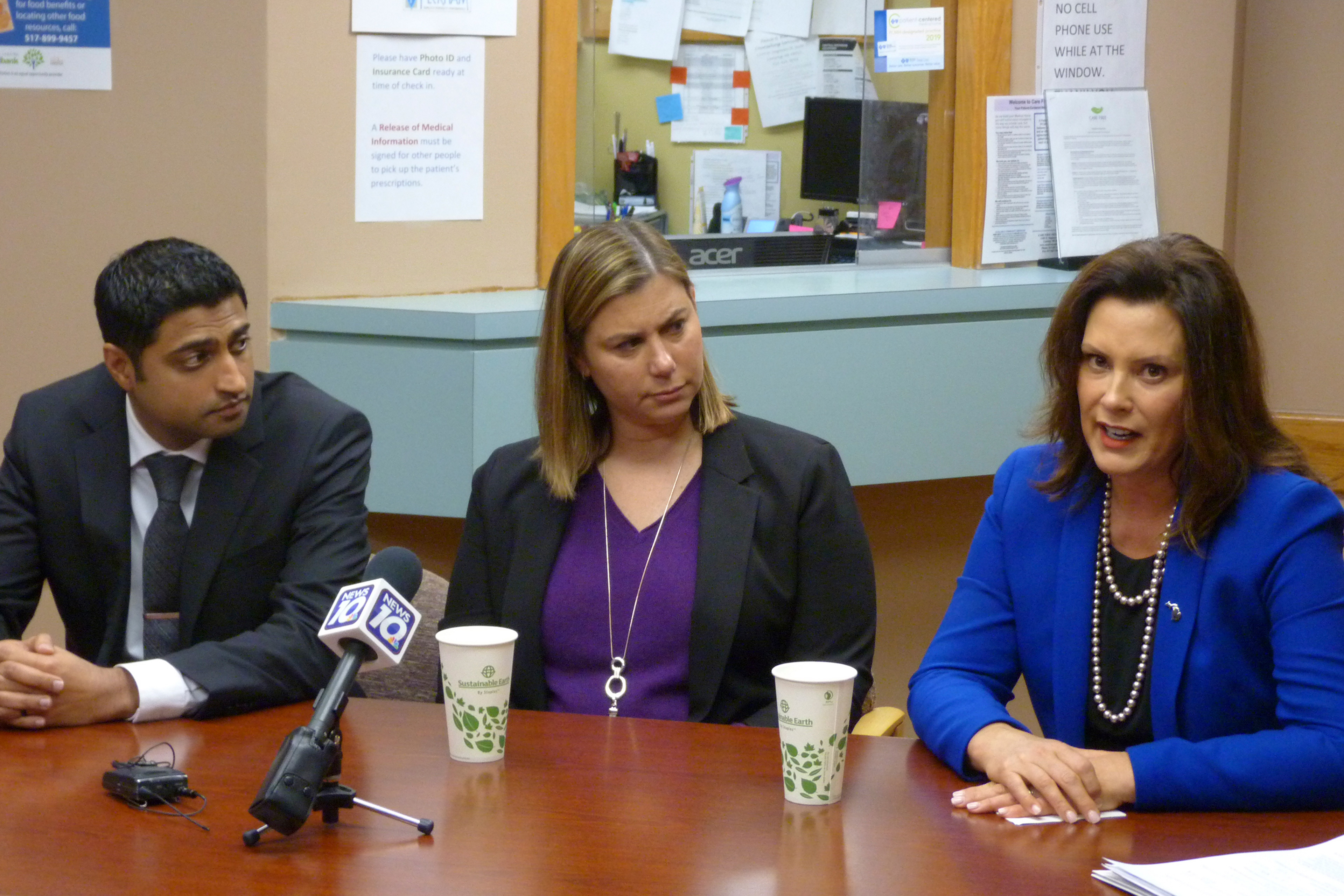 A photo of Gretchen Whitmer at a news event.