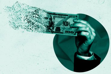 A photo illustration of a hand holding up a $100 bill that is disappearing into thin air.