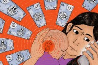 An illustration of a woman holding a baby to her chest with her left arm, while holding a phone to her ear with her right hand. She has a concerned expression as she holds her baby close. Sound waves radiate out from the baby's ear, and dollar bills float around them.
