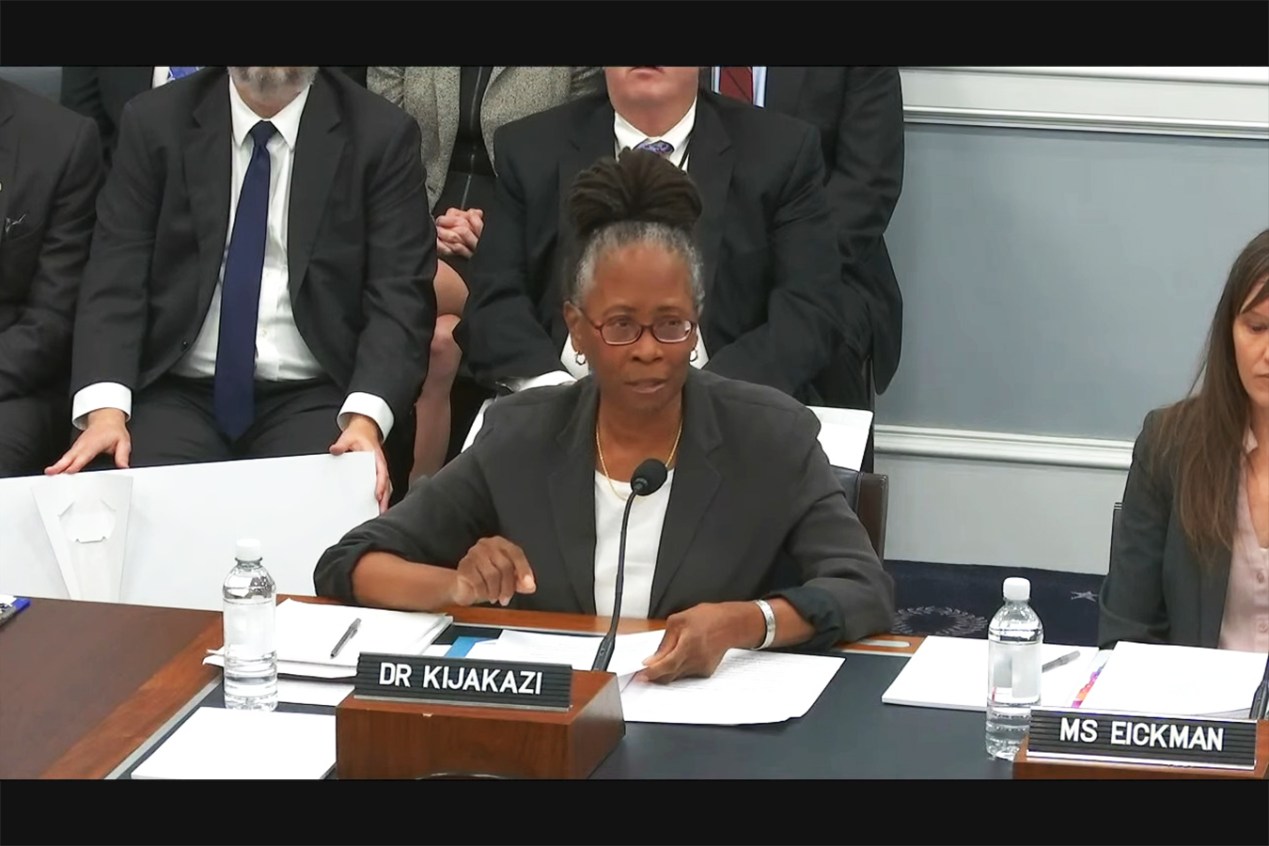 A screenshot from a livestream of Kilolo Kijakazi testifying during a subcommittee hearing in the House of Representatives.