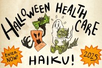 A drawing of a medical bill scaring a ghost and a ghoul. Text reads: Halloween Health Care Haiku! Enter now! 2025"