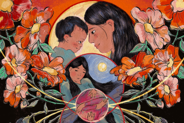 A hand-drawn illustration of an Indigenous mother and child smiling at each other amongst a frame of flowers.