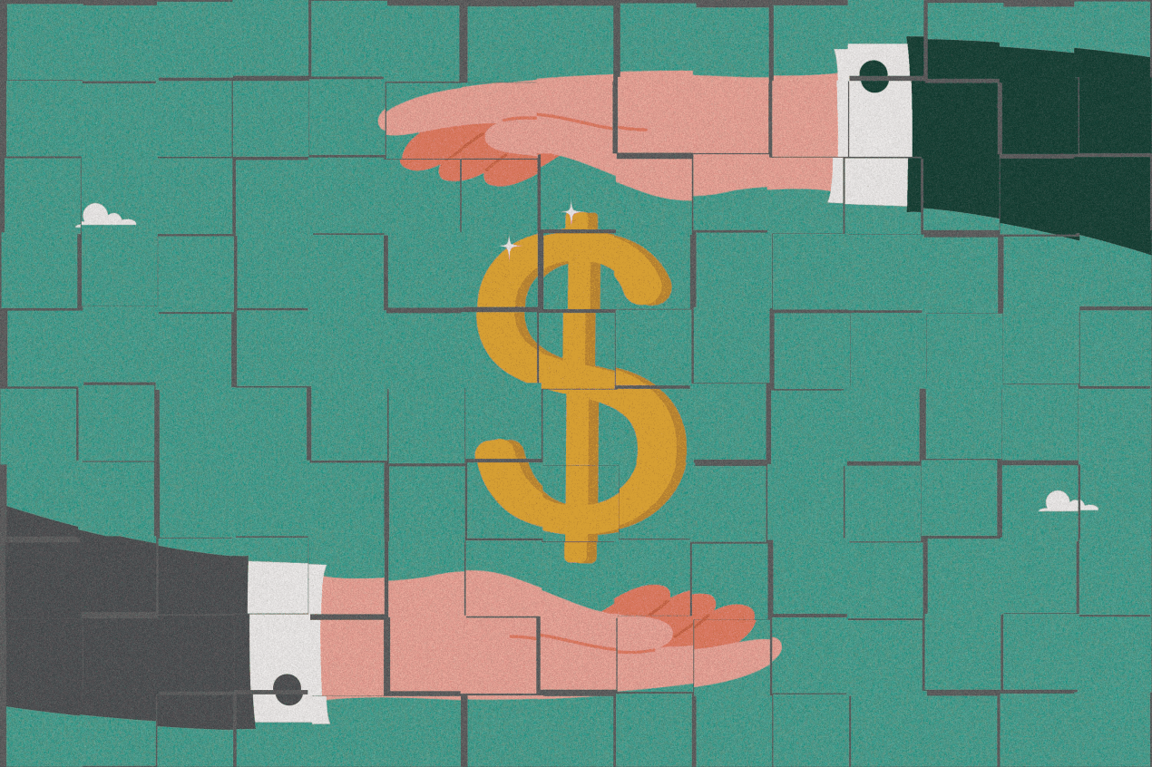 A vector illustration of a "$" symbol between two hands.